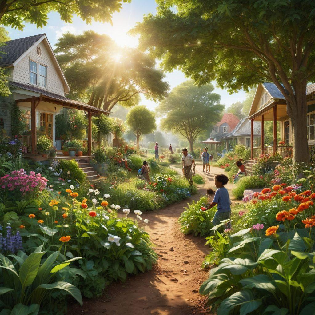 A lush, green landscape brimming with diverse flora and fauna, incorporating people of various backgrounds engaging in gardening and planting trees, showcasing a harmonious relationship between humanity and nature. The scene is infused with sunlight filtering through the leaves, symbolizing hope and connection to the Earth. Include elements like a community garden and children playing among blooming flowers. super-realistic. vibrant colors. peaceful atmosphere.
