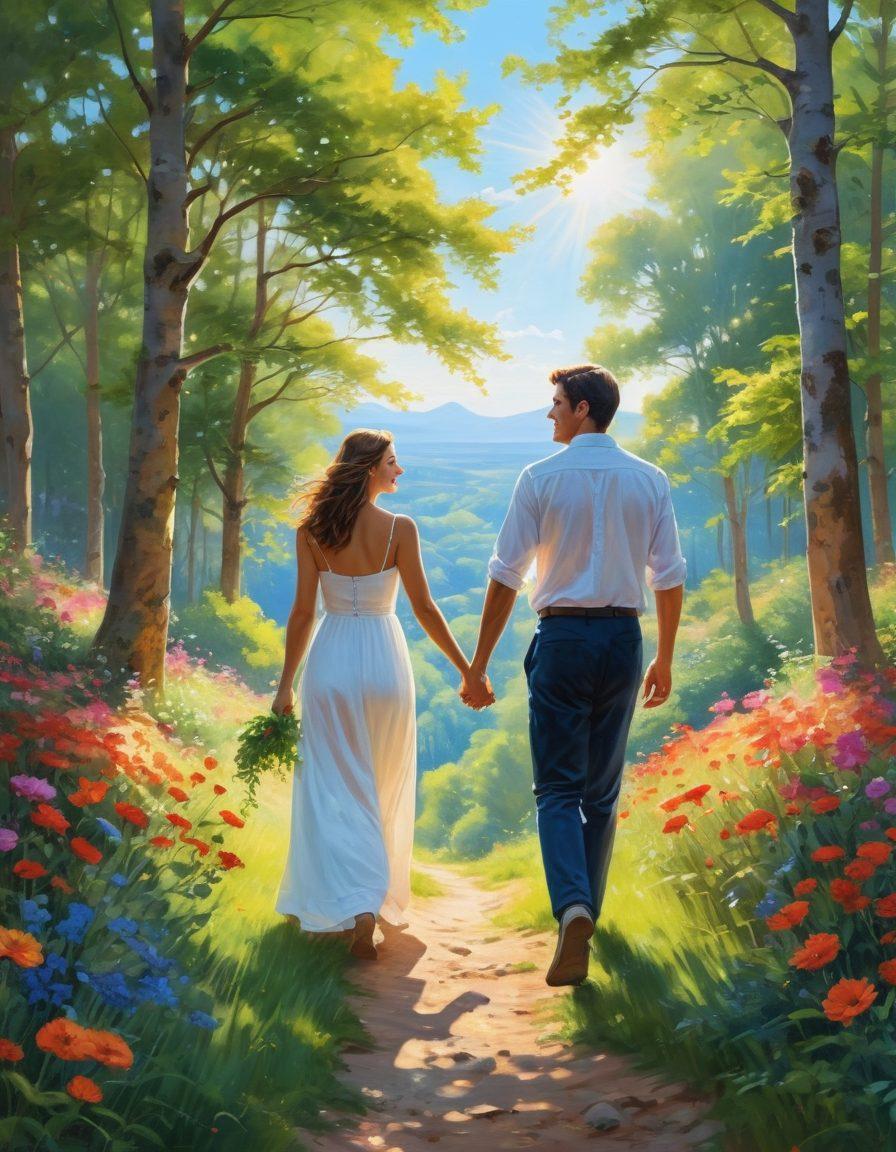 A couple walking hand-in-hand through a lush green forest, surrounded by vibrant flowers and wildlife. The sun filters through the trees, casting a warm glow on their smiling faces. They are planting a young sapling together, symbolizing love for nature. In the background, a clear blue sky enhances the romantic atmosphere. impressionistic painting. vibrant colors.