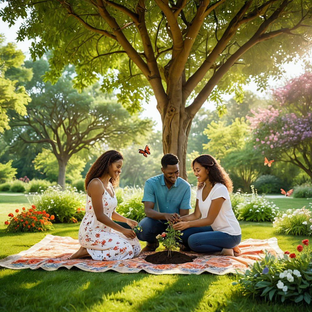 A beautiful couple planting a tree together in a lush, green park, surrounded by blooming flowers and diverse wildlife. They exhibit joy and connection, embodying eco-conscious values. Bright sunlight filters through the leaves, creating a warm, inviting atmosphere. Include elements like recycling symbols and earth-friendly icons subtly in the background. vibrant colors. super-realistic.